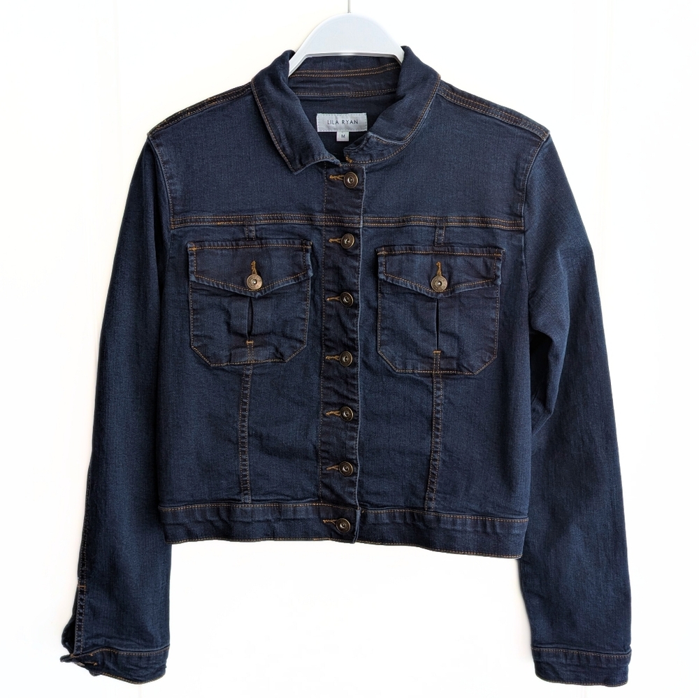 EUC Lila Ryan Women's Cropped Jean Jacket, Dark Blue, Size M